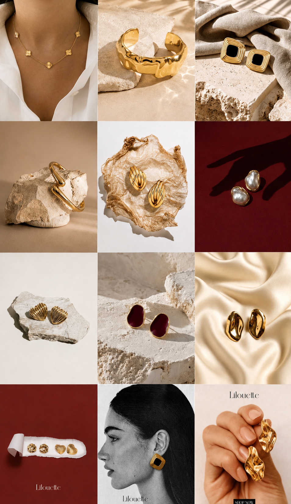Grid of Lilouette gold jewelry pieces including earrings, a cuff, and a ring styled on natural textures